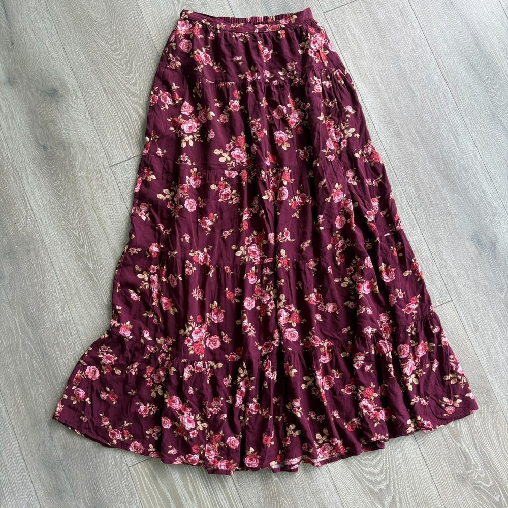 Altar'd State Womens Burgundy Floral Tiered Boho Cottagecore Maxi Skirt Size S